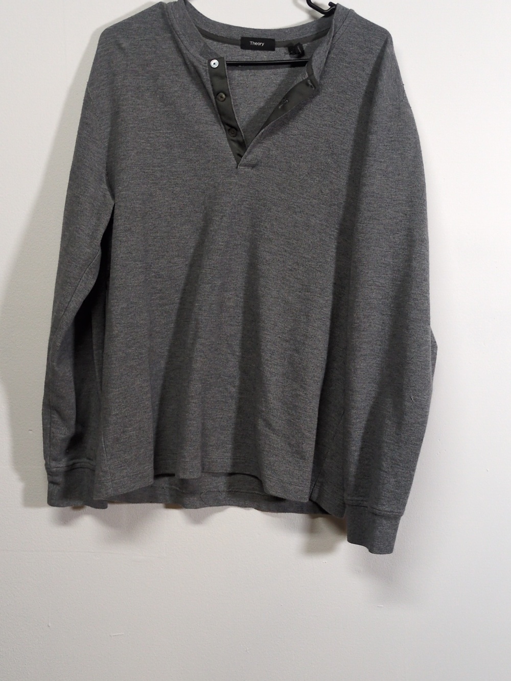 Theory Mens Contrast Henley Gray Button Placket Long Sleeve Shirt Size Large